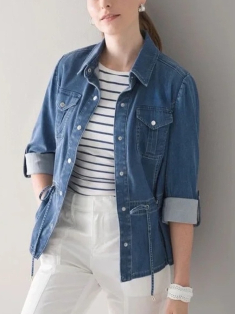 White House Black Market Blue Denim Jacket with Drawstring Waist